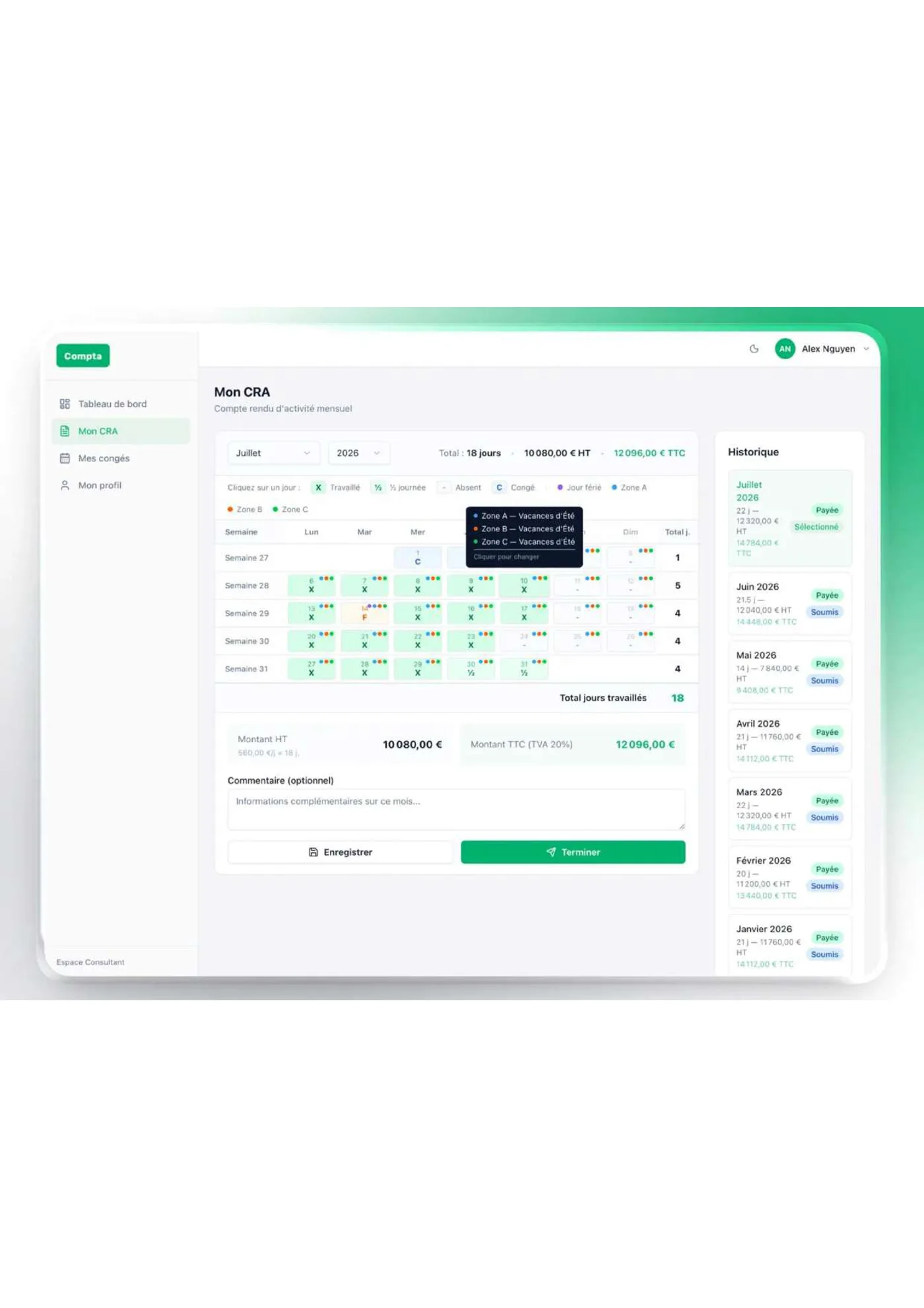 Saisie du compte rendu d'activité mensuel sous forme de calendrier cliquable