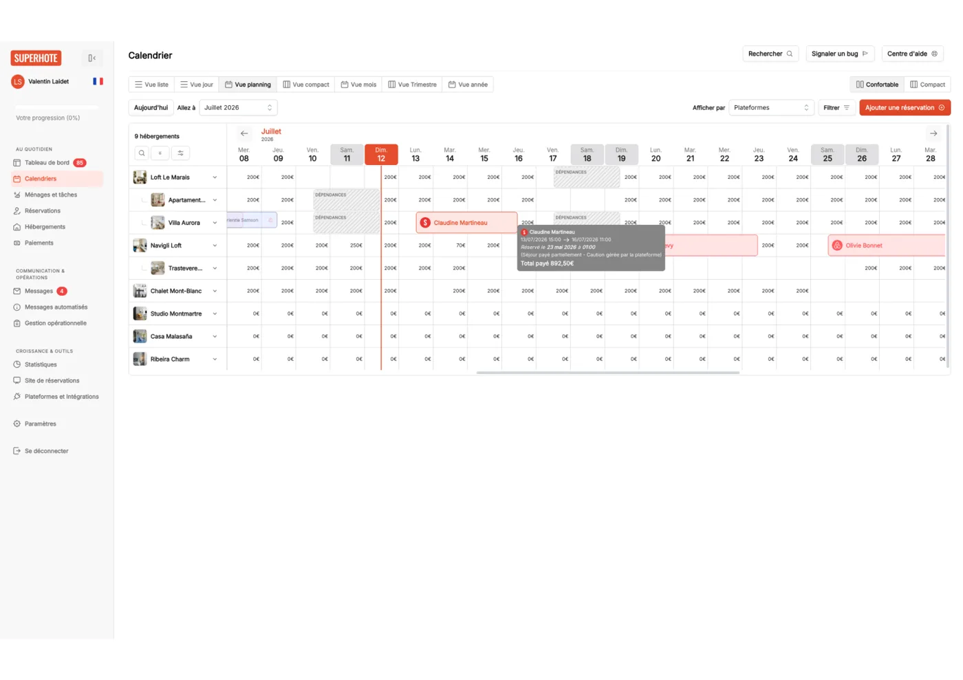 Calendrier de planning multi-hébergements de SuperHote V2, avec réservations par plateforme