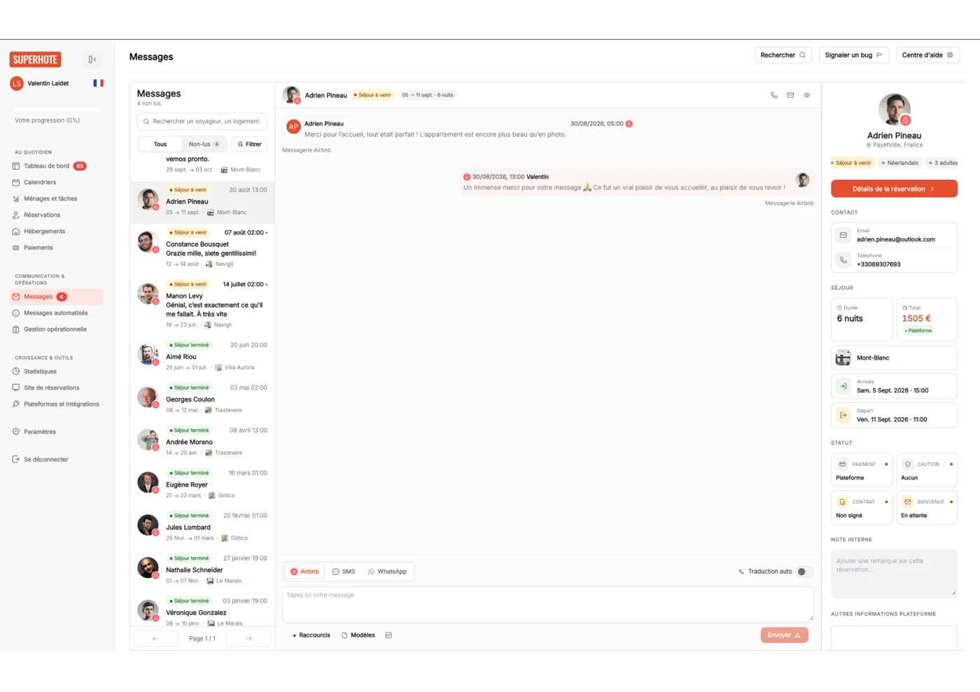 Messagerie unifiée de SuperHote V2, avec les conversations voyageurs de toutes les plateformes